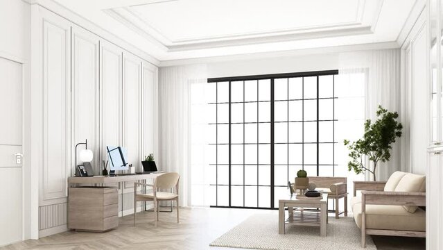 Slowly adjust the camera angle to the other side. working room with living area in modern classic style interior mock up with large window frame and sheer curtain on wooden floor 3d render animation