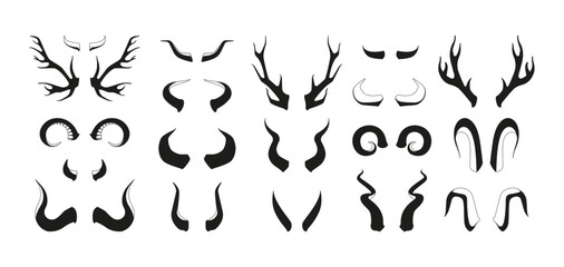 Horn silhouettes. Black pairs of animal antlers different shapes, wildlife hunting trophy elements, horned mammal decoration. Vector isolated set. Curled big and small horns of various forms