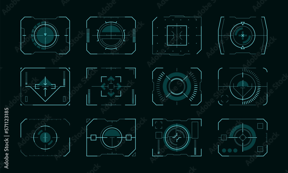 Poster target frame hud ui. futuristic aim pointers with control panel borders, sci-fi screen display with 
