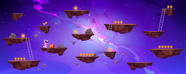 Flying rock islands vector game space background landscape. Cartoon planet in galaxy for arcade videogame. 2d ui level map with floating platform with gold goin in fantasy universe. World asset design © klyaksun