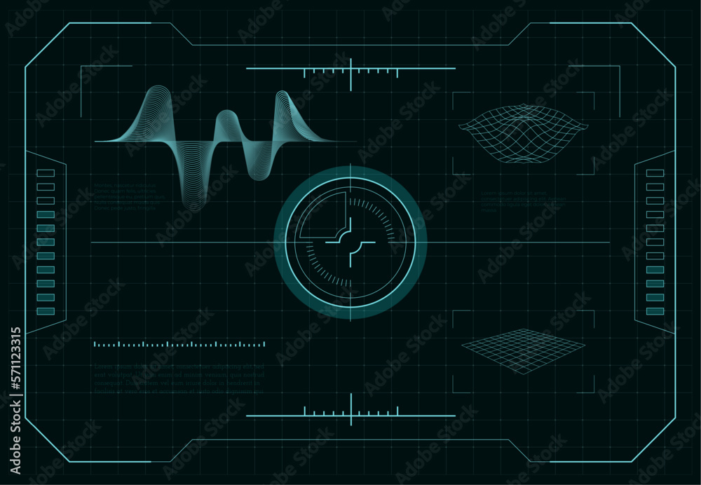 Poster hud futuristic screen. sci-fi dashboard interface with target aim control on radar display, ui panel