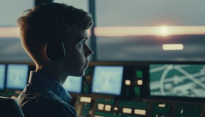 Empowering Children in the Workplace: Celebrating Diversity, Equity, and Inclusion (DEI) in the Industry with Caucasian boy as a Air traffic controller (white) (generative AI)