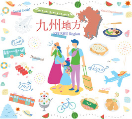 日本の九州地方の夏のグルメ観光を楽しむ三人家族、アイコンのセット（フラット）