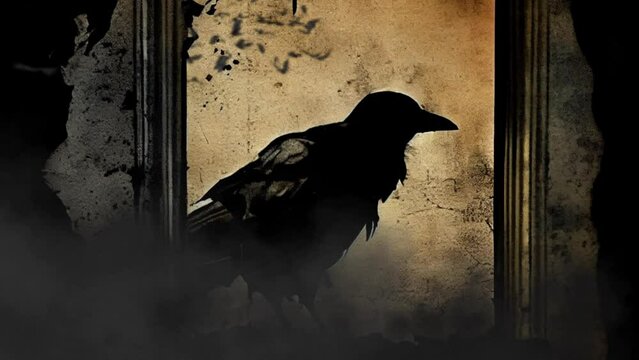 Poe's raven animated fog blackbird, crow, poetic moody dark emo misty, creepy dirty aesthetic, shadowbox noir style spooky, grime, grimy, gritty, organic dirt cracked (generative AI, AI)