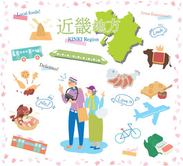 日本の近畿地方の春のグルメ観光を楽しむシニア夫婦、アイコンのセット（フラット）