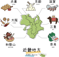 日本の近畿地方のグルメ観光とマップ、アイコンのセット（線画） - obrazy, fototapety, plakaty