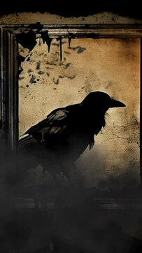 Poe's raven animated fog blackbird, crow, poetic moody dark emo misty, creepy dirty aesthetic, shadowbox noir style spooky, grime, grimy, gritty, organic dirt cracked (generative AI, AI)