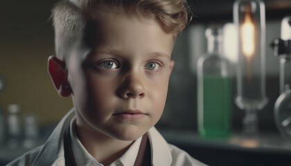 Empowering Children in the Workplace: Celebrating Diversity, Equity, and Inclusion (DEI) in the Industry with Caucasian boy as a Scientist (white) (generative AI)
