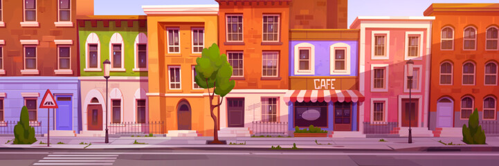 Cartoon city street with nice houses and cafe. Vector illustration of town neighborhood, residential district. Brick buildings facade with windows and doors, empty sidewalk and road on sunny morning © klyaksun