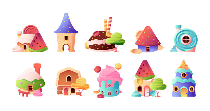 Candy houses. Sweet fantasy landscape with decorative icons of tasty chocolate caramel buildings, abstract childish elements. Vector cartoon set. Fairy tale homes with ice cream and glaze