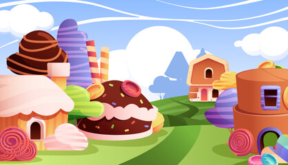 Cartoon candy house background. Sweet fairy buildings of cookies and candy, fantasy fairytale landscape with cake buildings sugar trees. Vector background. Childish town with delicious homes