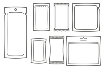 Sachets packs and pouch bags icons. Plastic and paper sticks for powder, sugar, medicine, sauce and coffee with zipper. Vector set