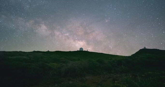 night view of telescopes in La Palma Roque de los Muchachos astrophysics observatory during night background milky way