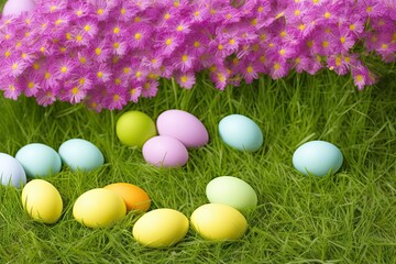 easter eggs in grass flowers in background
