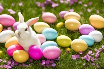 Fototapeta na wymiar bunny and easter eggs on grass