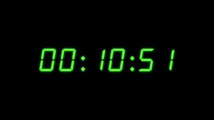 6-digits 15 seconds digital clock countdown timer. Green digits on black colour bg. Retro digital alarm clock, count-down concept