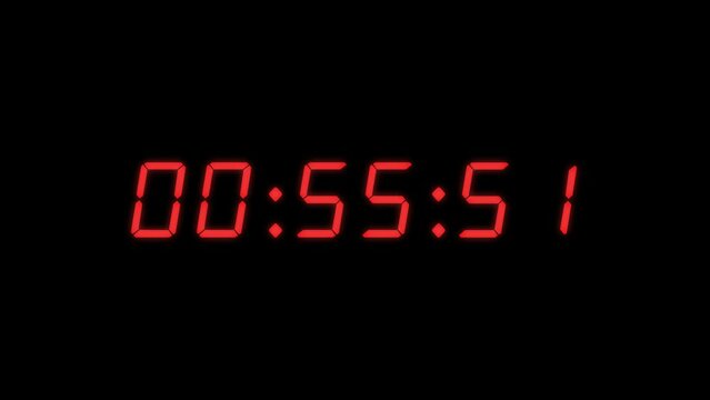 6-digits 60 seconds (1 minute) digital clock countdown timer. Red digits on black colour bg. Retro digital alarm clock, count-down concept