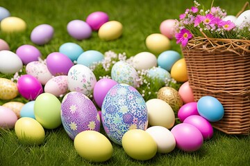 Fototapeta na wymiar easter eggs in a basket flowers