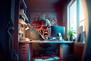 Generative AI illustration of yelling head at boss office desk