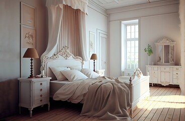 Generative AI illustration of classic interior of bedroom with canopy over bed and lamps on nightstand in sunny light room