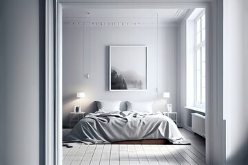 Generative AI illustration of modern minimalist styled bedroom in monochrome white colors with painting over bed