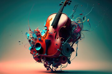 Generative AI illustration of violin on colorful background
