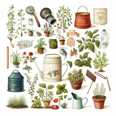 Garden, soil, fertilizer, plants, seeds, watering can, garden tools, pruning shears, lawnmower, greenhouse, trellis, pot, compost, rake, garden hose