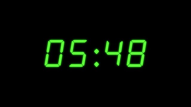 4-digits 20 seconds digital clock count-up timer. Green and black colour. Retro digital alarm clock concept