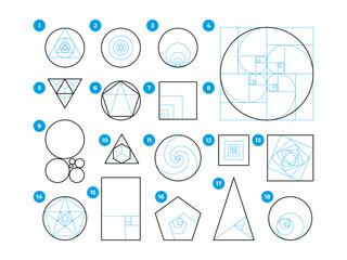 Golden ratio rules. Geometry harmony of ideal proportions, rule of thirds and fibonacci sequence, visual art mathematics composition. Vector set. Round and rectangular shape frames