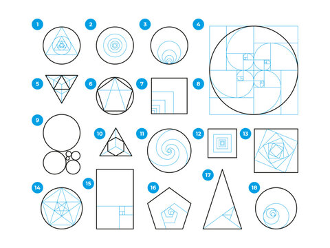 Golden ratio rules. Geometry harmony of ideal proportions, rule of thirds and fibonacci sequence, visual art mathematics composition. Vector set. Round and rectangular shape frames