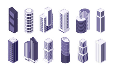 Isometric skyscrapers. Modern city buildings in isometry, residential apartment business office towers flat style cityscape concept. Vector set. Futuristic houses, block of flats collection