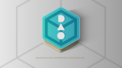 Vector illustration with DAO typography and volumetric polygon, hexagon for background, wallpaper. Decentralized Autonomous Organisation, smart contract, cryptocurrency, blockchain technology