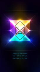 Neon bright glowing geometric illustration with DAO typography. Vertical vector template. Decentralized Autonomous Organisation, smart contract, cryptocurrency, blockchain technology for infographics