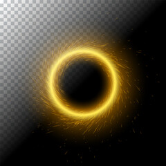 Vector illustration of bright fire magic portal with sparks, glowing lights in shape of radiant sparkling circle on black, transparent background. Round frame template with glitters. Luminous effect