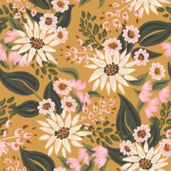 Möbelaufkleber Pretty hand painted bunch of flowers in a color palette of cream, pink and green over mustard background. Great for home decor, fabric, wallpaper, stationery, design projects.  © Kashmira