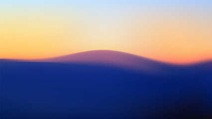 Abstract gradient landscape. Mountain slopes at sunset. Vector wavy background. Blurred volumetric silhouettes of hills at sunrise. Colorful wallpaper.