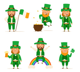 St. Patrick's Day set of different characters of leprechauns in different suits. Vector Illustrations. Cheerful men character. Pot of gold, beer, shamrock, rainbow, Irish flag. For design and stickers