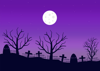 night graveyard with a full moon, vector illustration.