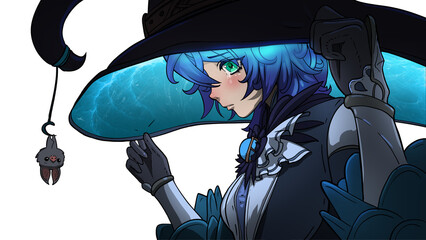 Cute sad anime witch girl with blue hair in a beautiful suit with a bow, with a sad face crying pulling a big glowing mushroom hat on her head with her hands, her friend bat looks at her. 2d art