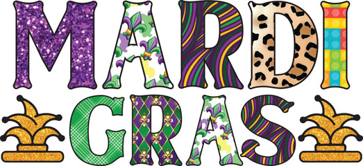 Mardi Gras Vector Design for Sublimation Print . Cute Colorful Typographic Illustration for Print on Demand Business. Ready to Print elements for T-Shirt and other Clothing.