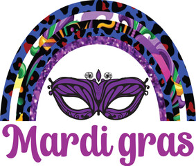 Mardi Gras Vector Design for Sublimation Print . Cute Colorful Typographic Illustration for Print on Demand Business. Ready to Print elements for T-Shirt and other Clothing.