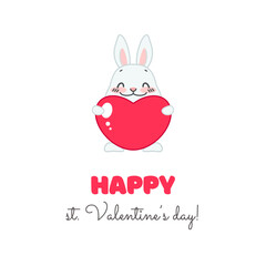 Happy St. Valentine's day! Cartoon illustration of a cute bunny holding big heart in its paws isolated on a white background. Vector 10 EPS.