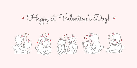 Happy st. Valentine's Day. Illustration of cute hugging cat couples on a light pink background. Vector 10 EPS.