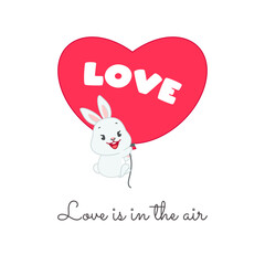 Love is in the air. Cute St. Valentine's card template. Cartoon illustration of a funny bunny flying with a big red balloon isolated on a white background. Vector 10 EPS.