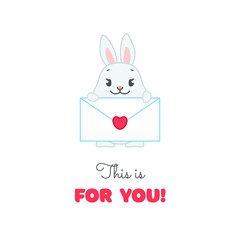 This is for you. Cute St. Valentine's card template. Cartoon illustration of a funny bunny holding an envelope with a little heart isolated on a white background. Vector 10 EPS.