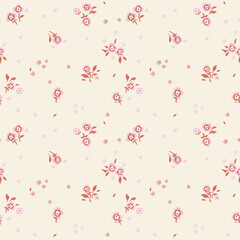 A pattern of small pink flowers and red leaves on a yellow background. Graphic print, floral illustrations, floral vector, vector floral pattern.