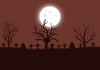 Silhouette of a graveyard at night with a bright full moon, vector illustration.