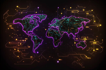 Abstract artificial intelligence world map with blockchain technology. Global world network, telecommunication, cryptocurrency, blockchain, and IoT concept in neon purple made with Generative AI	