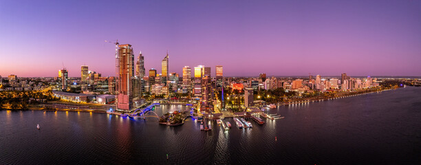 Panoramic aerial view of Elizabeth Quay and Perth's CBD in Western Australia at dusk