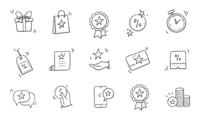 Doodle gift, discount coupon icon set. Hand drawn sketch style bonus card, loyalty program icon. Bonus point reward program offer doodle. Vector illustration.